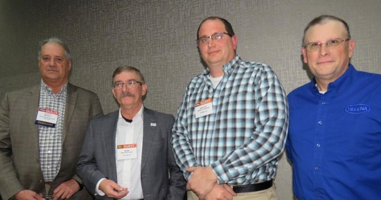 Three of the Certified Crop Advisers to receive their 25-Year Pins, pictured with (left to right) Association President Scott Merritt, Brian Springer, Brad Jareske, and Lorin Krieger